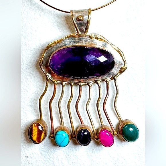 Artisan Jewelry - Elegant Artisan Multi Gemstone Pendant Hand Crafted 40mm Wire Necklace 4006